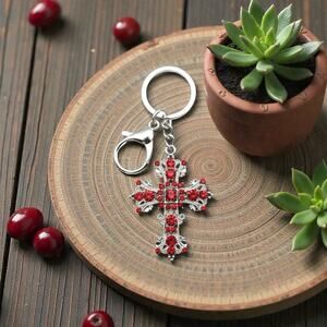 Silver and Red Cross Keychain